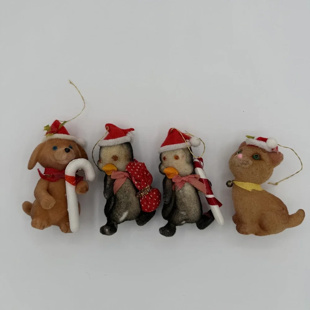 Vintage Flocked Christmas Ornament Set 4 Dog‎ Penguin Cat Holiday Decor
